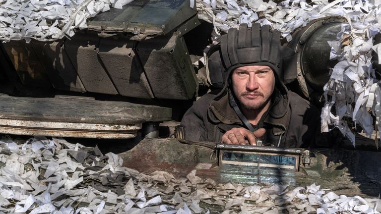 Denys, a Ukrainian servicemen of the 17th Independent Tanks Brigade sits inside a T-64 tank, as Russia&#39;s attack on Ukraine continues, near the frontline town of Bakhmut, Donetsk region, Ukraine  
