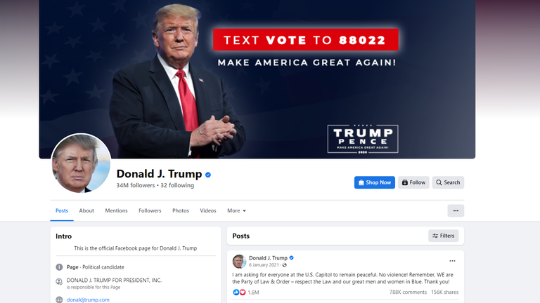 A still image - taken at 6pm on 09/02/2023 of Donald Trump&#39;s Facebook page. The former US president was banned from the social media site in January 2021 after the deadly Capitol riots.