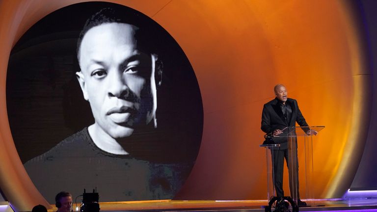Dr Dre accepts the Dr Dre global impact award at the 65th annual Grammy Awards on Sunday, Feb. 5, 2023, in Los Angeles. (AP Photo/Chris Pizzello)