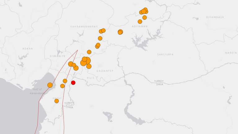 The epicentre of the earthquake is seen in red, with aftershocks (in orange) across northern Syria and southern Turkey