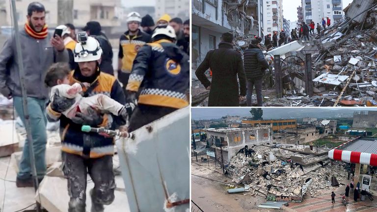 (Clockwise) - A rescuer carries an injured child  in Syria,  rescue teams in Adana, Turkey and search  in Azmarin town, Syria
Pics:Reuters/AP