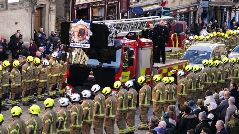 The coffin of Barry Martin arrives on a fire engine outside St Giles&#39; Cathedral in Edinburgh, ahead of his funeral, firefighter Barry Martin died while fighting a fire at Edinburgh&#39;s historic Jenners building. Picture date: Friday February 17, 2023