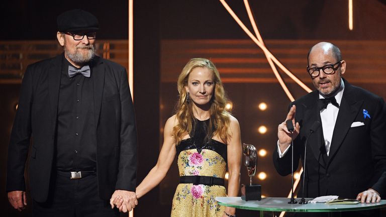 Ian Stokell, Lesley Paterson and Edward Berger accept Adapted Screenplay for All Quiet on the Western Front