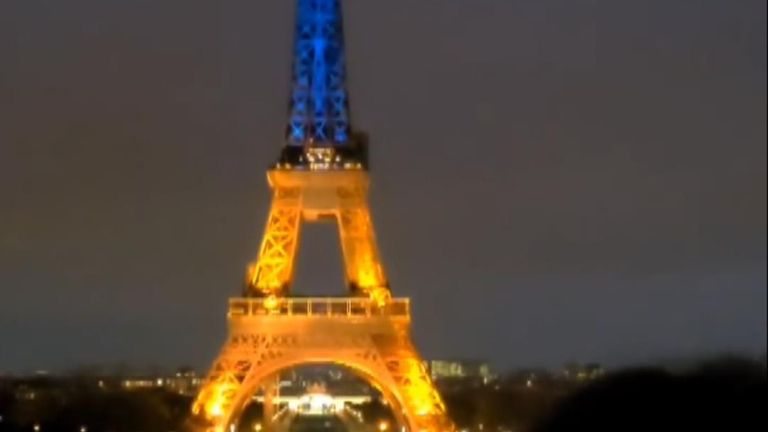 Eiffel tower lights up for Ukraine