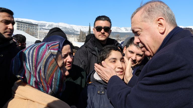 Tayyip Erdogan meets with people in the aftermath of a deadly earthquake in Kahramanmaras, Turkey