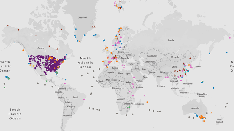 A map showing the contamination of animals from PFAS - short for per- and polyfluoroalkyl substances - as part of the Environmental Working Group (EWG) report - Global danger: Wildlife at risk from PFAS exposure.
