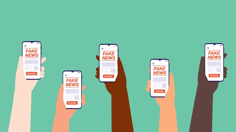 Group Of Diverse Hands Holding Smartphone With Fake News Online. Disinformation, Lies And, Propaganda. stock illustration