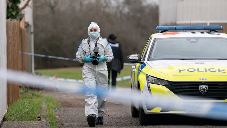 Forensic officers at the scene on Broadlands, Netherfield, Milton Keynes, Buckinghamshire, where a four-year-old girl has died following reports of a dog attack in the back garden of a property. Picture date: Wednesday February 1, 2023.