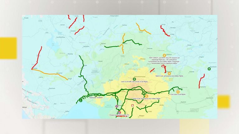 Green routes are passable, while orange and red routes are either partly or entirely unpassable. The orange, yellow and light green areas show where the seismic activity was recorded, with orange being where the strongest force was felt. Pic: LogIE
