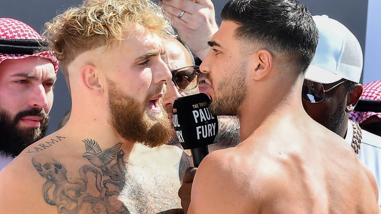 Jake Paul, left, and Tommy Fury, look   disconnected  aft  a weigh-in, a time  earlier  their match, successful  Riyadh, Saudi Arabia, Saturday, Feb. 25, 2023. (AP Photo)