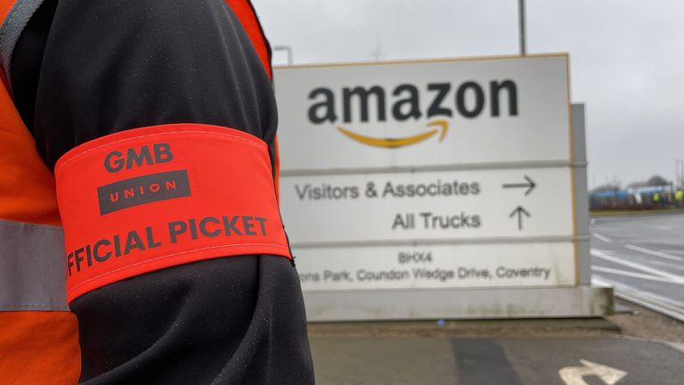 Members of the GMB union on the picket line outside the Amazon fulfilment centre in Coventry as Amazon workers take strike action in a dispute over pay. Picture date: Tuesday February 28, 2023.