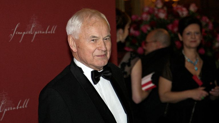 Hans Modrow, former prime minister of East Germany, poses on the red carpet during the fourth Semperopernball