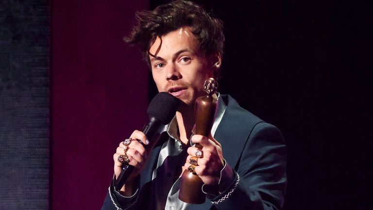 Harry Styles speaks after receiving the award for Best Pop/R&B Act at the Brit Awards at the O2 Arena in London, Britain, February 11, 2023. REUTERS/Henry Nicholls
