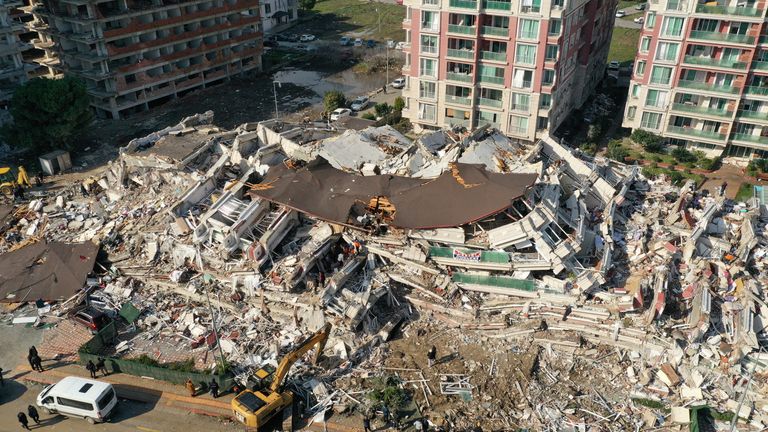 An aerial view shows collapsed and damaged buildings after an earthquake in Hatay, Turkey