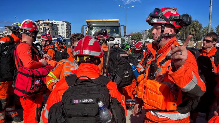 British rescue teams help to clear the rubble from a collapsed building in Hatay, southern Turkey, following a devastating earthquake. For Alex Crawford report.