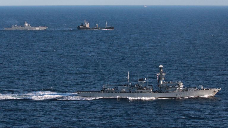 HMS Portland (bottom) tracked Admiral Gorshkov and accompanying tanker Kama as they sailed in international waters close to the UK