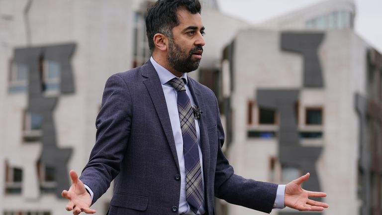 Scottish National Party leadership candidate Humza Yousaf during a television interview outside the Scottish Parliament at Holyrood, Edinburgh. Picture date: Tuesday February 21, 2023.