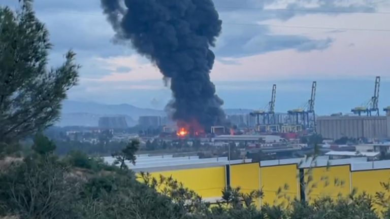 Port of Iskenderun burns after earthquake in Turkey