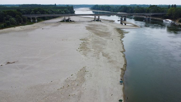 A general view of Po&#39;s dry riverbed as parts of Italy&#39;s longest river and largest reservoir of freshwater have dried up due to the worst drought in the last 70 years, in Boretto, Italy, June 22, 2022. Picuture taken with a drone. REUTERS/Gabriele Pileri
