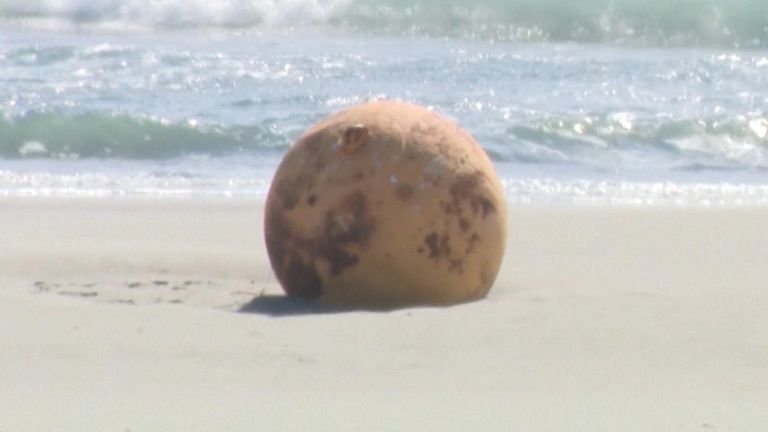 Mysterious metal ball washes up on beach in Japan | World News | Sky News