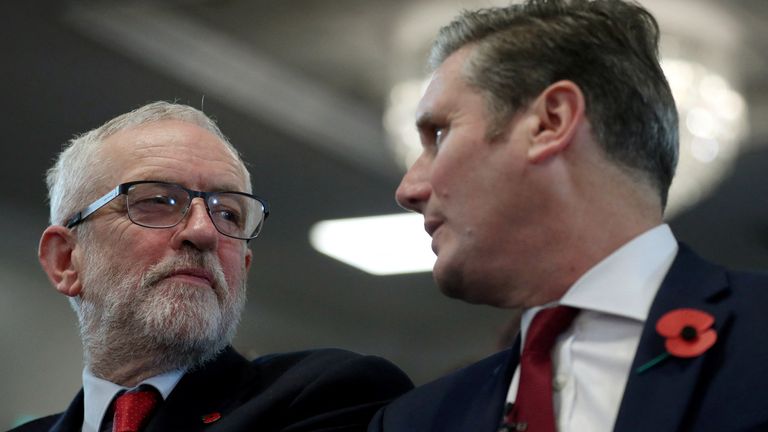Britain&#39;s opposition Labour Party leader Jeremy Corbyn and Shadow Brexit Secretary Keir Starmer attend a general election campaign meeting in Harlow, Britain November 5, 2019. REUTERS/Hannah McKay
