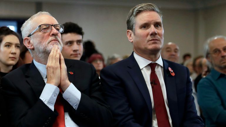 Britain&#39;s opposition Labour party leader Jeremy Corbyn, center, sits with Labour&#39;s Shadow Secretary of State for Employment Rights Laura Pidcock, left, and Labour&#39;s Shadow Secretary of State for Exiting the European Union Keir Starmer, right, as they listen to Labour Prospective Parliamentary Candidate for Harlow Laura McAlpine speak at their election campaign event on Brexit in Harlow, England, Tuesday, Nov. 5, 2019. 
Pic:AP