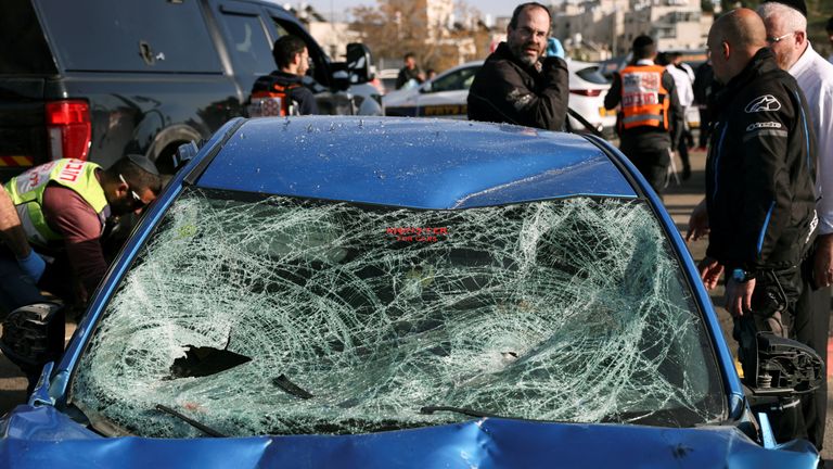 The car used in a ramming attack on the outskirts of
Jerusalem on Friday