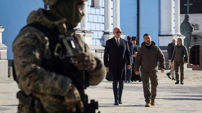 U.S. President Joe Biden and Ukraine&#39;s President Volodymyr Zelenskiy visit to Saint Michael’s cathedral, amid Russia&#39;s attack on Ukraine, in Kyiv, Ukraine February 20, 2023. REUTERS/Gleb Garanich