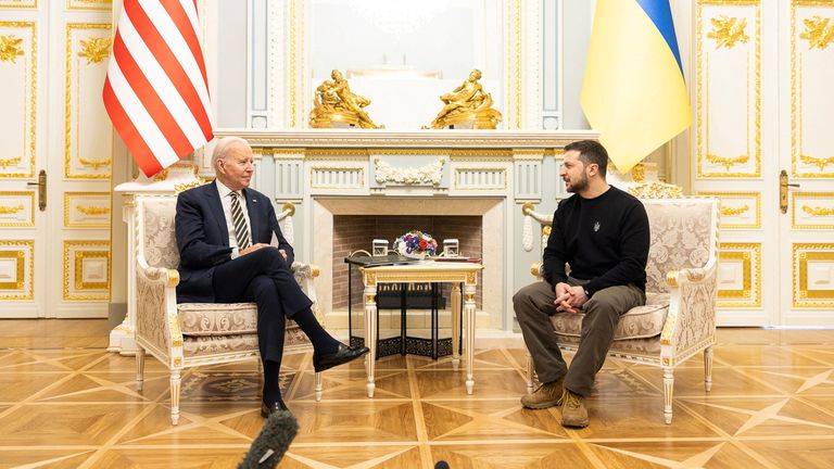 U.S. President Joe Biden attends a meeting with Ukraine&#39;s President Volodymyr Zelenskiy, amid Russia&#39;s attack on Ukraine, in Kyiv, Ukraine February 20, 2023. Ukrainian Presidential Press Service/Handout via REUTERS ATTENTION EDITORS - THIS IMAGE HAS BEEN SUPPLIED BY A THIRD PARTY.