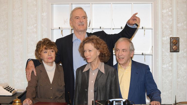 Prunella Scales (left), John Cleese, Connie Booth and Andrew Sachs (right) are seen successful  London promoting 2  Fawlty Towers specials created to commemorate the 30 years Fawlty Towers Anniversary.