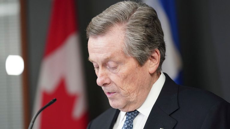 Toronto Mayor John Tory speaks during a news conference at City Hall in Toronto, Ontario, Friday, Feb. 10, 2023. Tory says he is resigning after acknowledging he had an affair with a former staffer. (Arlyn McAdorey/The Canadian Press via AP)