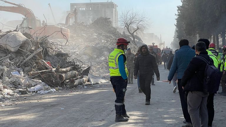 People walking through what is left of Kahramanmaras in Turkey 