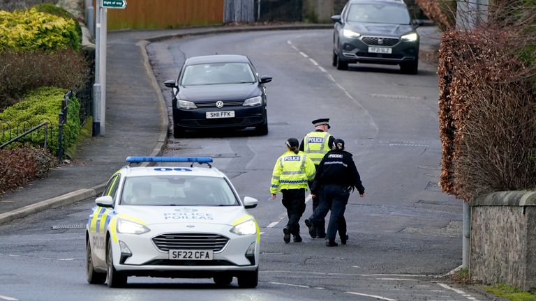 Police officers on patrol along Melrose Road in the area near to Gala Park, Galashiels, in the Scottish Borders, where they are searching for missing 11-year-old Kaitlyn Easson, who was last seen in the park at 5.30pm on Sunday evening. Picture date: Monday February 6, 2023.