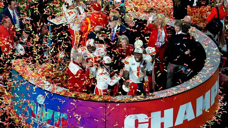 Kansas City Chiefs players celebrate after winning the Super Bowl. Pic: AP