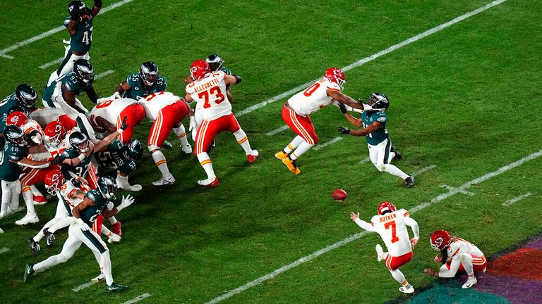 Kansas City Chiefs place kicker Harrison Butker kicks the game-winning field goal against the Philadelphia Eagles. Pic: AP
