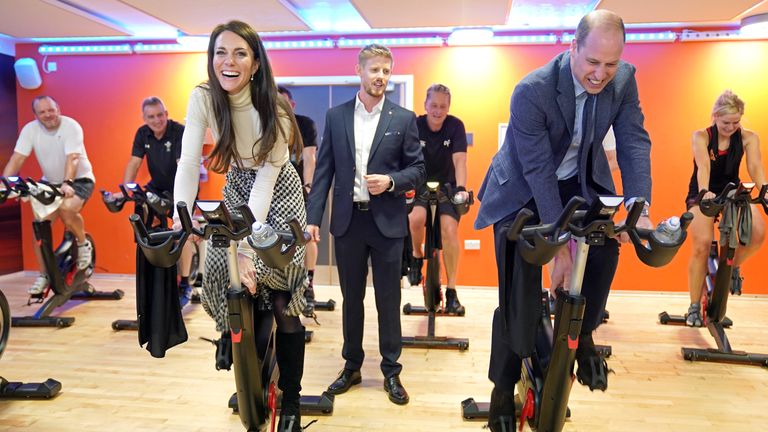 The Prince and Princess of Wales take part in a spin class during a visit to Aberavon Leisure and Fitness Centre in Port Talbot, to meet local communities and hear about how sport and exercise can support mental health and wellbeing. Picture date: Tuesday February 28, 2023.