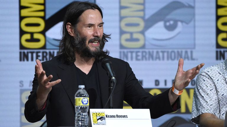 Keanu Reeves attends a panel for "BRZRKR: The Immortal Saga Continues" on day two of Comic-Con International on Friday, July 22, 2022, in San Diego. (Photo by Richard Shotwell/Invision/AP)