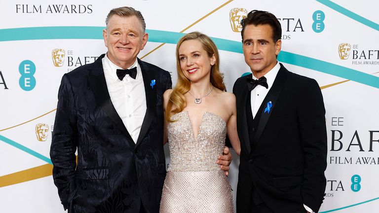 Brendan Gleeson, Kelly Condon and Colin Farrell arrive at the British Academy of Film and Television Arts (BAFTA) Film Awards 2023 at the Royal Festival Hall in London, Britain February 19, 2023. REUTERS/Peter Nicholls