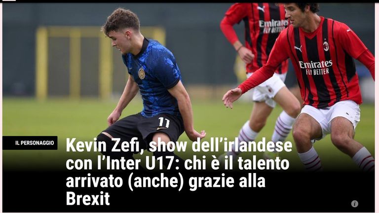 La Gazetta dello Sport thanking Brexit for the signing of young Irish player Kevin Zefi to Inter Milan