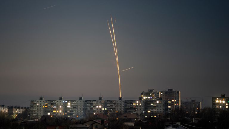 Russian rockets launched against Ukraine from Russia&#39;s Belgorod region are seen at dawn in Kharkiv, Ukraine
Pic: AP