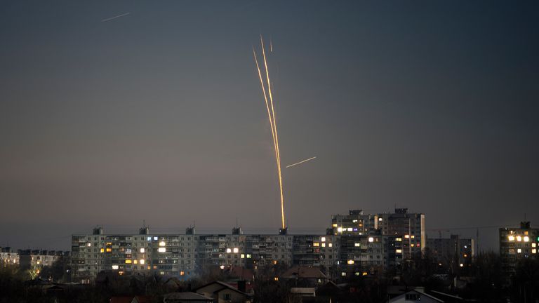 Russian rockets launched against Ukraine from Russia&#39;s Belgorod region are seen at dawn in Kharkiv, Ukraine
Pic: AP