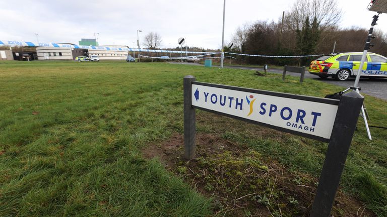 A sign for the Youth Sport Omagh sports complex in the Killyclogher Road area of Omagh, Co Tyrone, where off-duty PSNI Detective Chief Inspector John Caldwell was shot a number of times by masked men in front of young people he had been coaching. Mr 