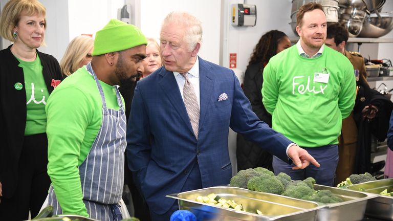 King Charles III during a visit to The Felix Project in Poplar, East London, to recognise the staff, volunteers and partner organisations who work to provide meals to some of London&#39;s most vulnerable people. Picture date: Wednesday February 22, 2023.