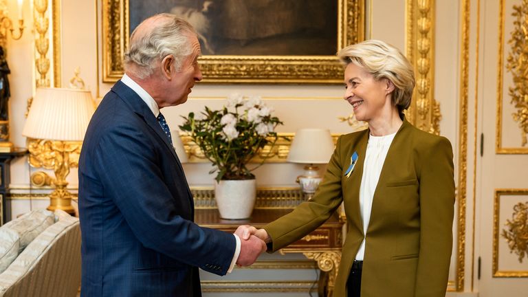 King Charles III receives European Commission president Ursula von der Leyen during an audience at Windsor Castle, Berkshire. Picture date: Monday February 27, 2023. Aaron Chown/Pool via REUTERS
