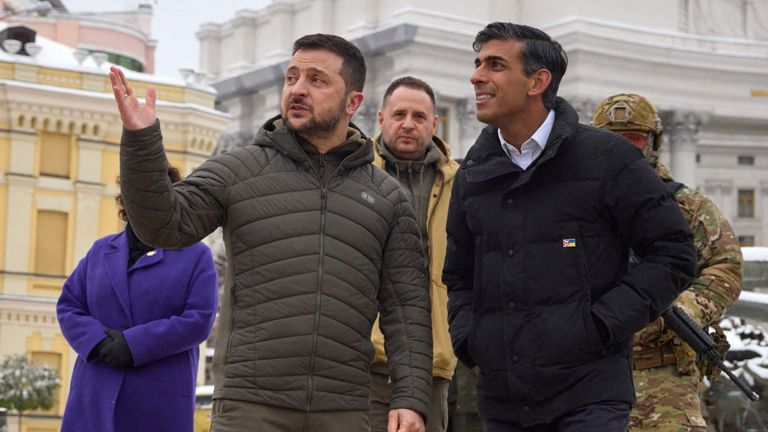 Ukraine&#39;s President Volodymyr Zelenskyy and Britain&#39;s new Prime Minister Rishi Sunak visit at an exhibition displaying destroyed Russian military vehicles, amid Russia&#39;s invasion, in central Kyiv