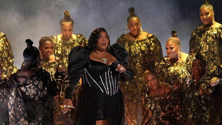 Lizzo performs a medley at the 65th annual Grammy Awards on Sunday, Feb. 5, 2023, in Los Angeles. (AP Photo/Chris Pizzello)