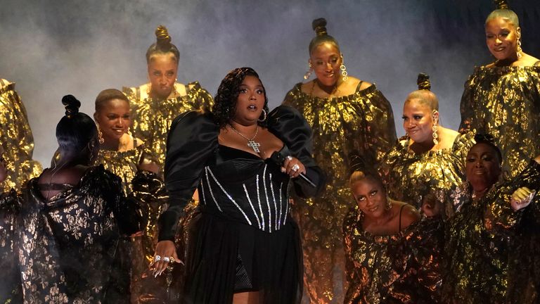 Lizzo performs an ensemble at the 65th Annual Grammy Awards on Sunday, February 5, 2023, in Los Angeles.  (AP Photo/Chris Pizzello)