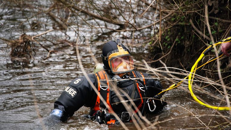 A member of the North West Police Underwater Search and Marine Unit, during the search of the River Wyre in St Michael&#39;s on Wyre, Lancashire, for missing woman Nicola Bulley 
