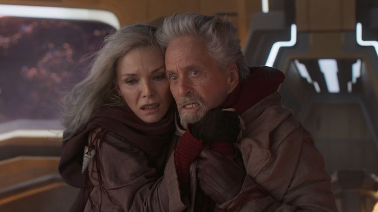 (L-R): Michelle Pfieffer as Janet van Dyne and Michael Douglas as Hank Pym in Marvel Studios' ANT-MAN AND THE WASP: QUANTUMANIA.  Photo courtesy of Marvel Studios.  .. 2023 MARVEL.