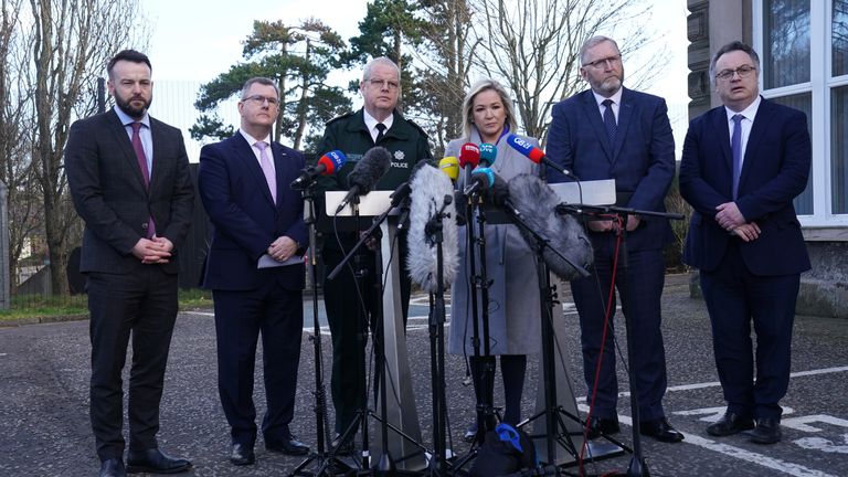 (left to right) SDLP leader Colum Eastwood, DUP leader Jeffrey Donaldson, Police Service of Northern Ireland (PSNI) Chief Constable Simon Byrne, Sinn Fein deputy leader Michelle O&#39;Neill, Ulster Unionist Party (UUP) leader Doug Beattie, and Alliance party leader Stephen Farry speaking to the media outside the PSNI HQ in Belfast, where they are meeting following the shooting of PSNI Detective Chief Inspector John Caldwell on Wednesday. Picture date: Friday February 24, 2023.